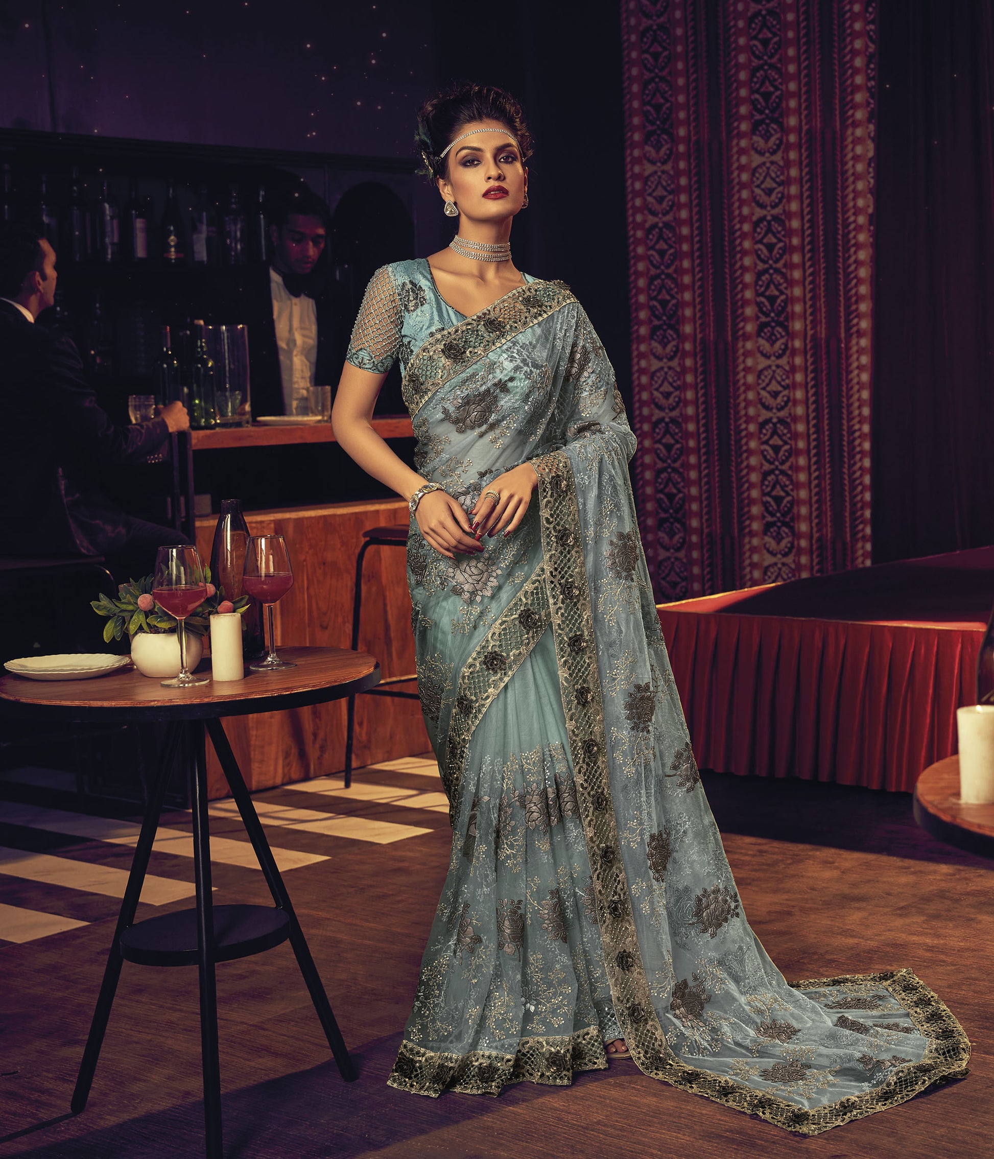 Sea Green Sequins Heavy Floral Embroidery Net Party Wear Saree