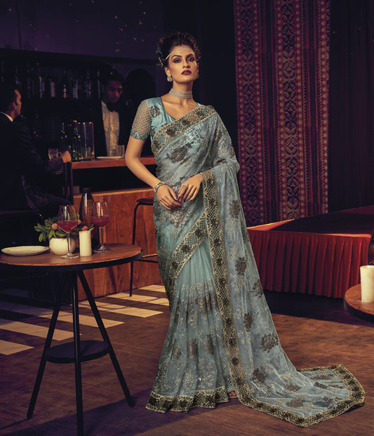 Sea Green Sequins Heavy Floral Embroidery Net Party Wear Saree