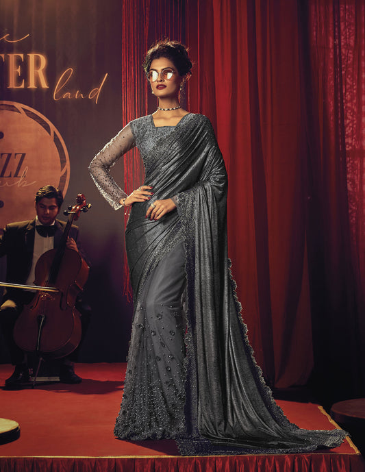 Grey Sequins Floral Embroidery Digital Net Party Wear Saree