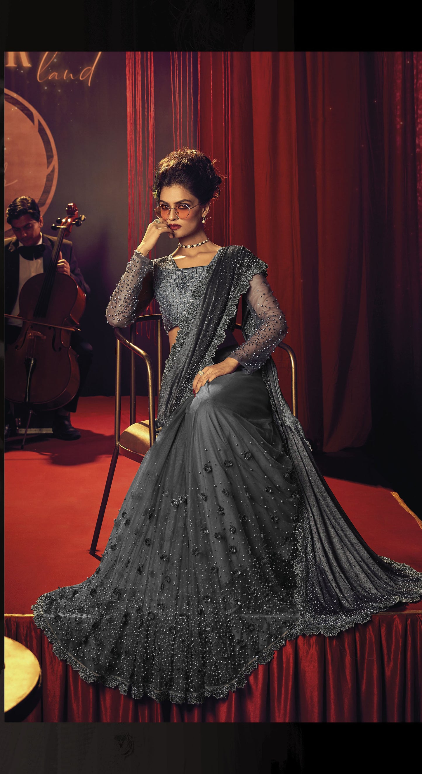 Grey Sequins Floral Embroidery Digital Net Party Wear Saree