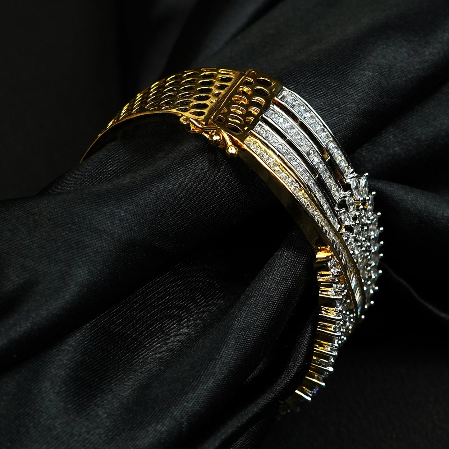 Zevar Club 22K Gold-Plated Handcrafted Statement Bracelet with Floral Vine Cluster & Five-Row AAA Cubic Zirconia Design