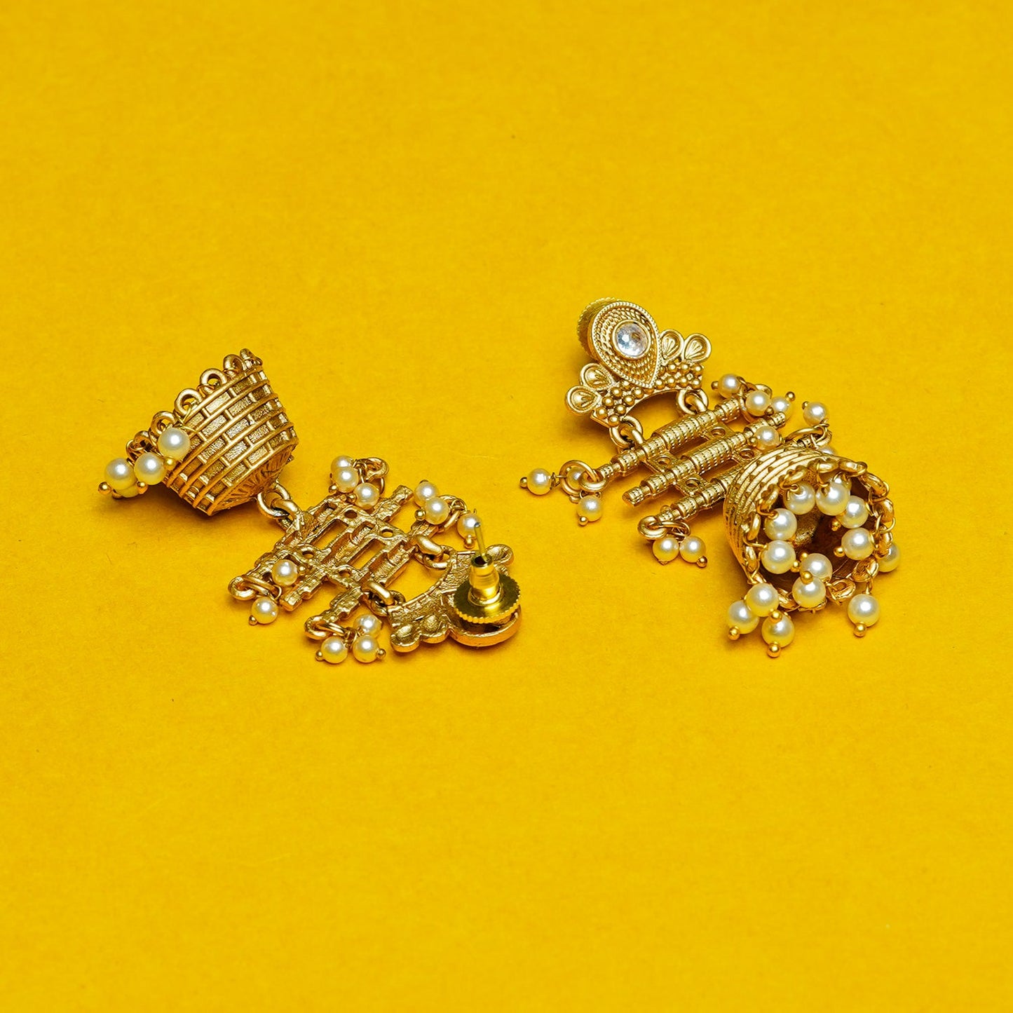 Zevar Club 18K Gold-Plated Red Kundan Studded Layered Traditional Jhumka Earrings with Pearls