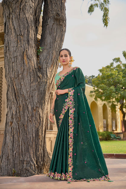 Green Art Silk With Stone & Cut Work Mehendi Saree