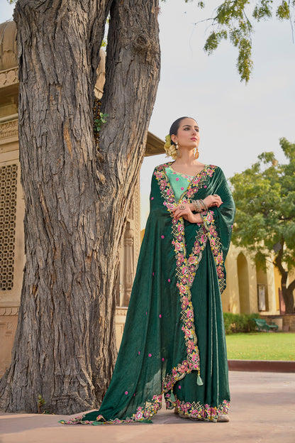Green Art Silk With Stone & Cut Work Mehendi Saree