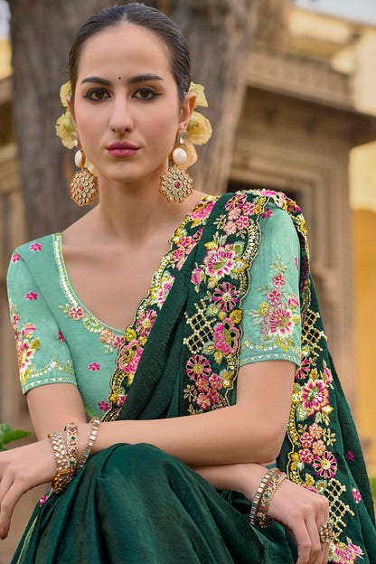 Green Art Silk With Stone & Cut Work Mehendi Saree