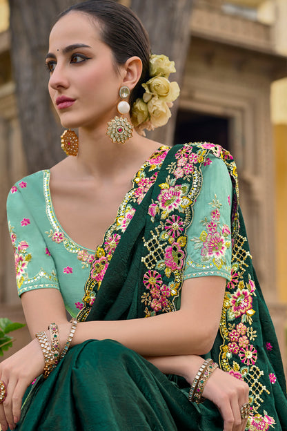 Green Art Silk With Stone & Cut Work Mehendi Saree