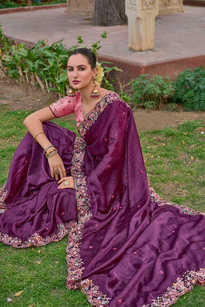 Purple Art Silk With Stone & Cut Work Festive Saree