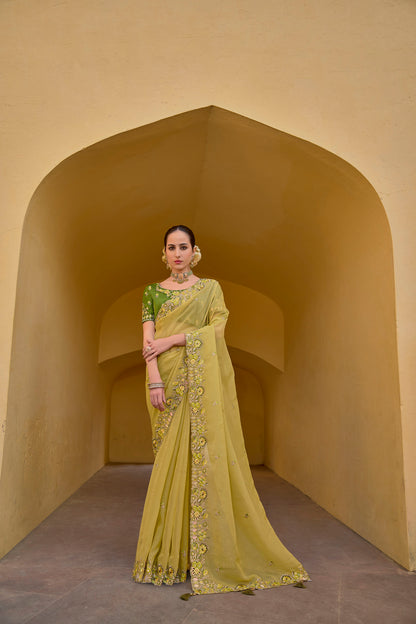 Yellow Art Silk With Stone & Cut Work Haldi Saree