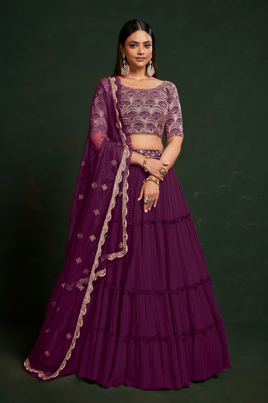 Dark Purple Faux Georgette Sequins Embroidery Sangeet Lehenga