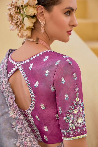 Grey Art Silk With Stone & Cut Work  Saree