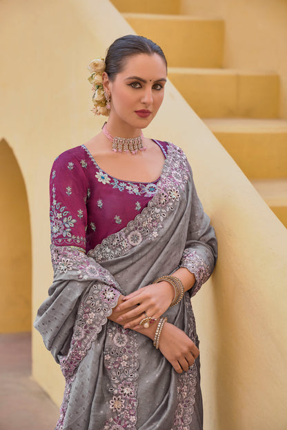 Grey Art Silk With Stone & Cut Work  Saree