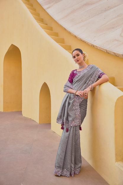 Grey Art Silk With Stone & Cut Work  Saree