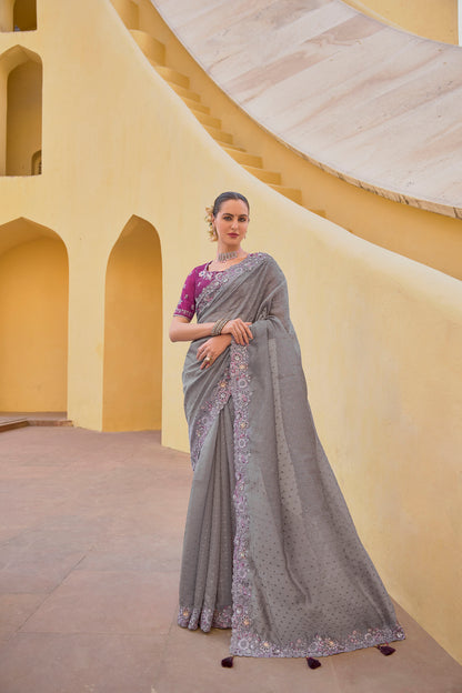 Grey Art Silk With Stone & Cut Work  Saree