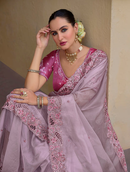 Pastel Pink Art Silk With Stone & Cut Work Party Wear Saree