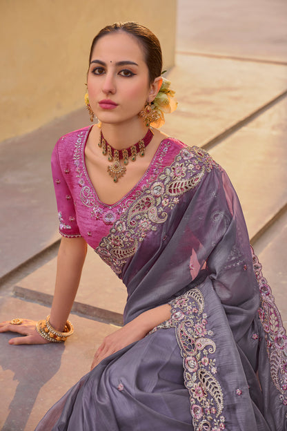Grey Art Silk With Stone & Cut Work Party Wear Saree