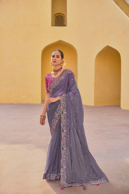 Grey Art Silk With Stone & Cut Work Party Wear Saree