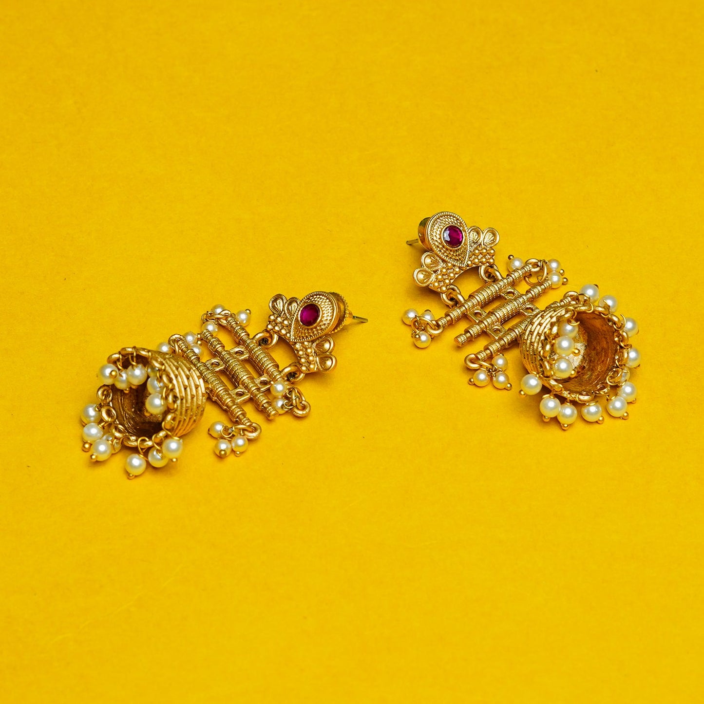 Zevar Club 18K Gold-Plated Red Kundan Studded Layered Traditional Jhumka Earrings with Pearls