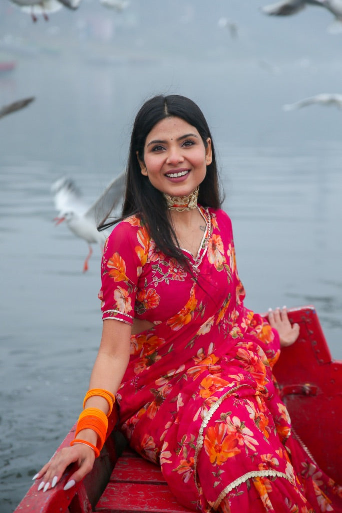 Kiara Pink Chiffon Floral Print Festive Draped Saree