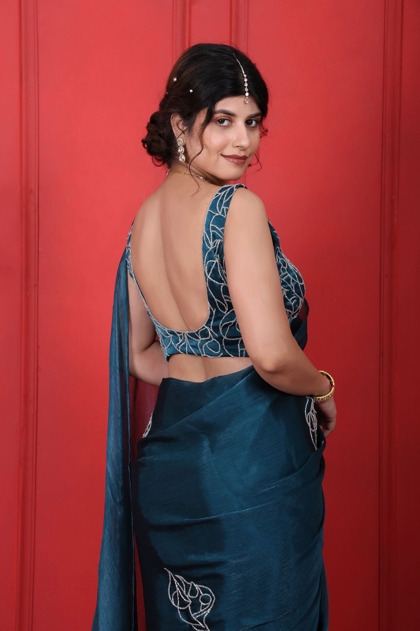 Blue Dianne Square Neck Hand Embroidered Saree Set