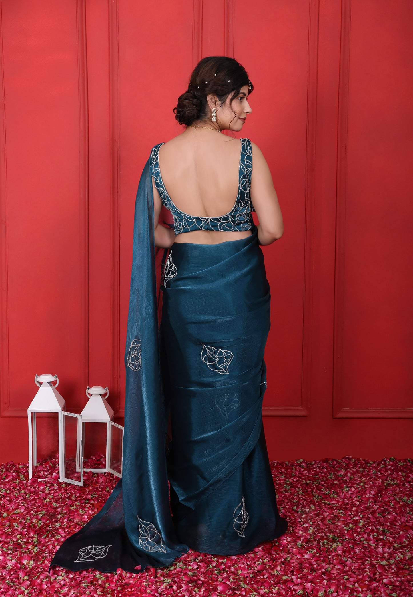Blue Dianne Square Neck Hand Embroidered Saree Set