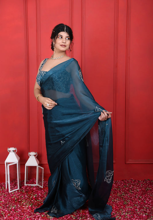 Blue Dianne Square Neck Hand Embroidered Saree Set