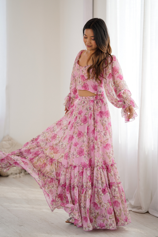 Orchid Aura Pink Chiffon Floral Print Festive Skirt Set