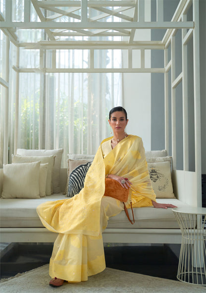 Yellow Kashidha Lucknowi Chikankari woven saree
