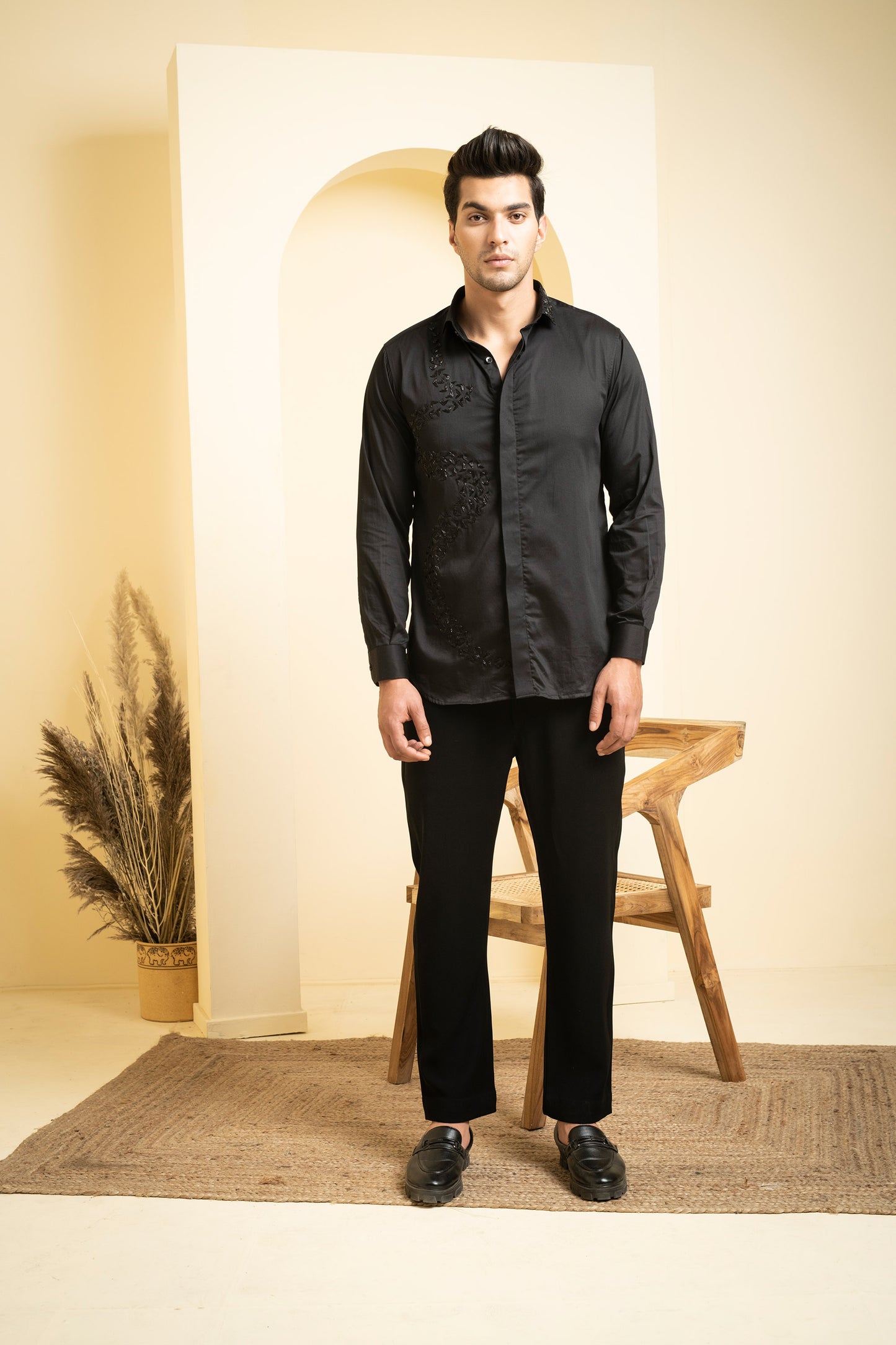 Black Cotton satin Awel Party Wear Shirt
