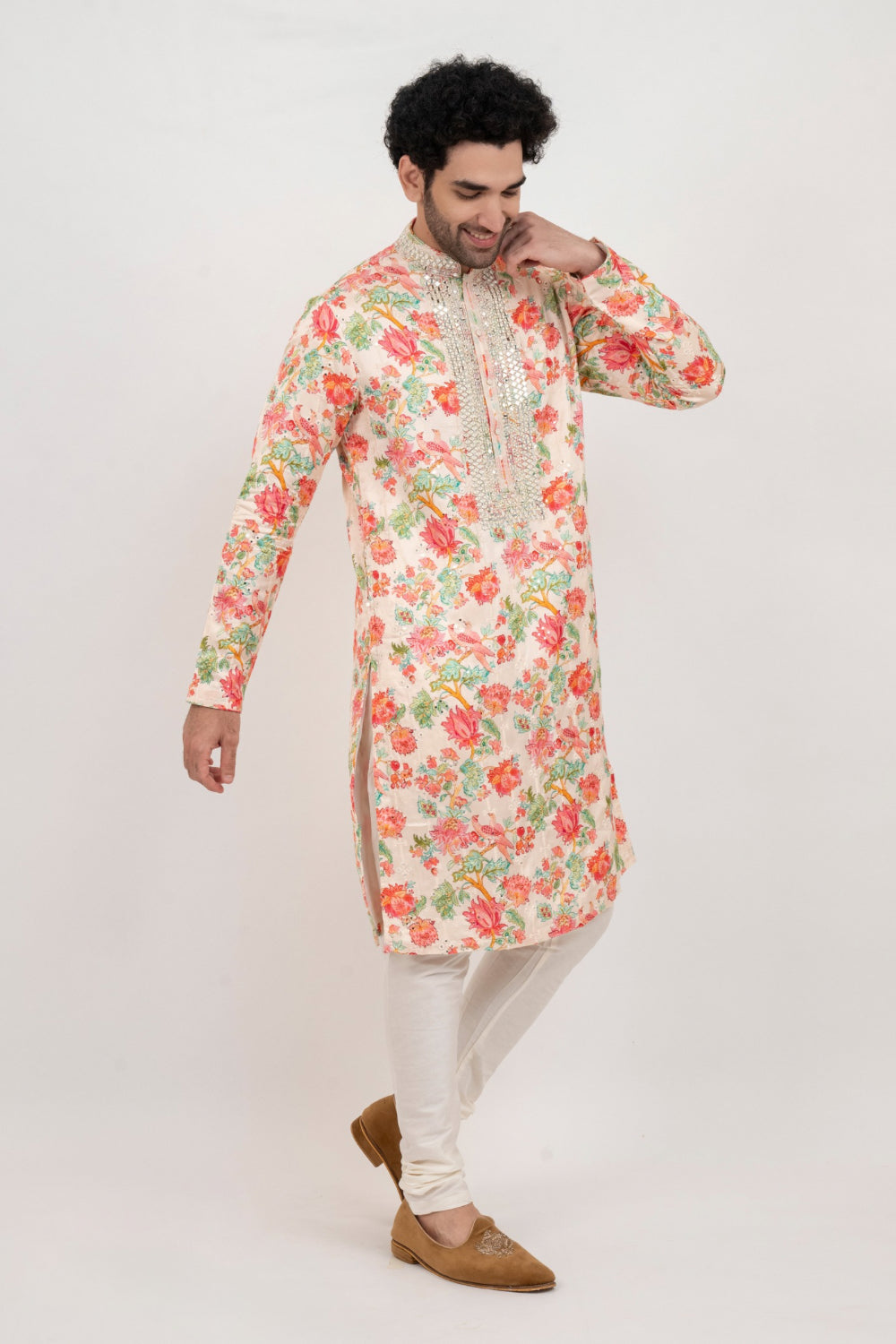 Multicolour resham embroidered satin linen kurta set with with kasab and mirror work