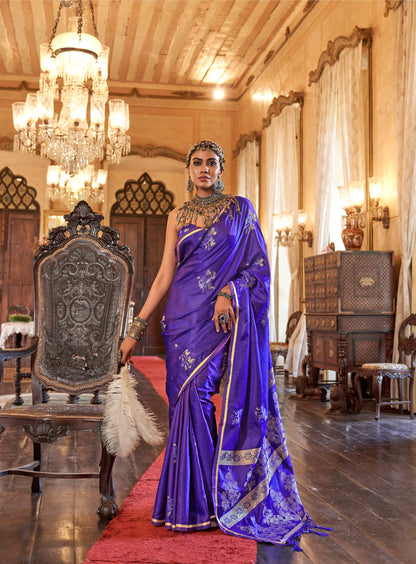 Blue Kanthkala Satin Silk Handloom Saree