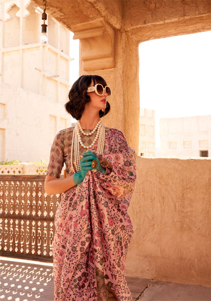 Sandy Beige Komet Printed Zari Handloom Tissue Saree