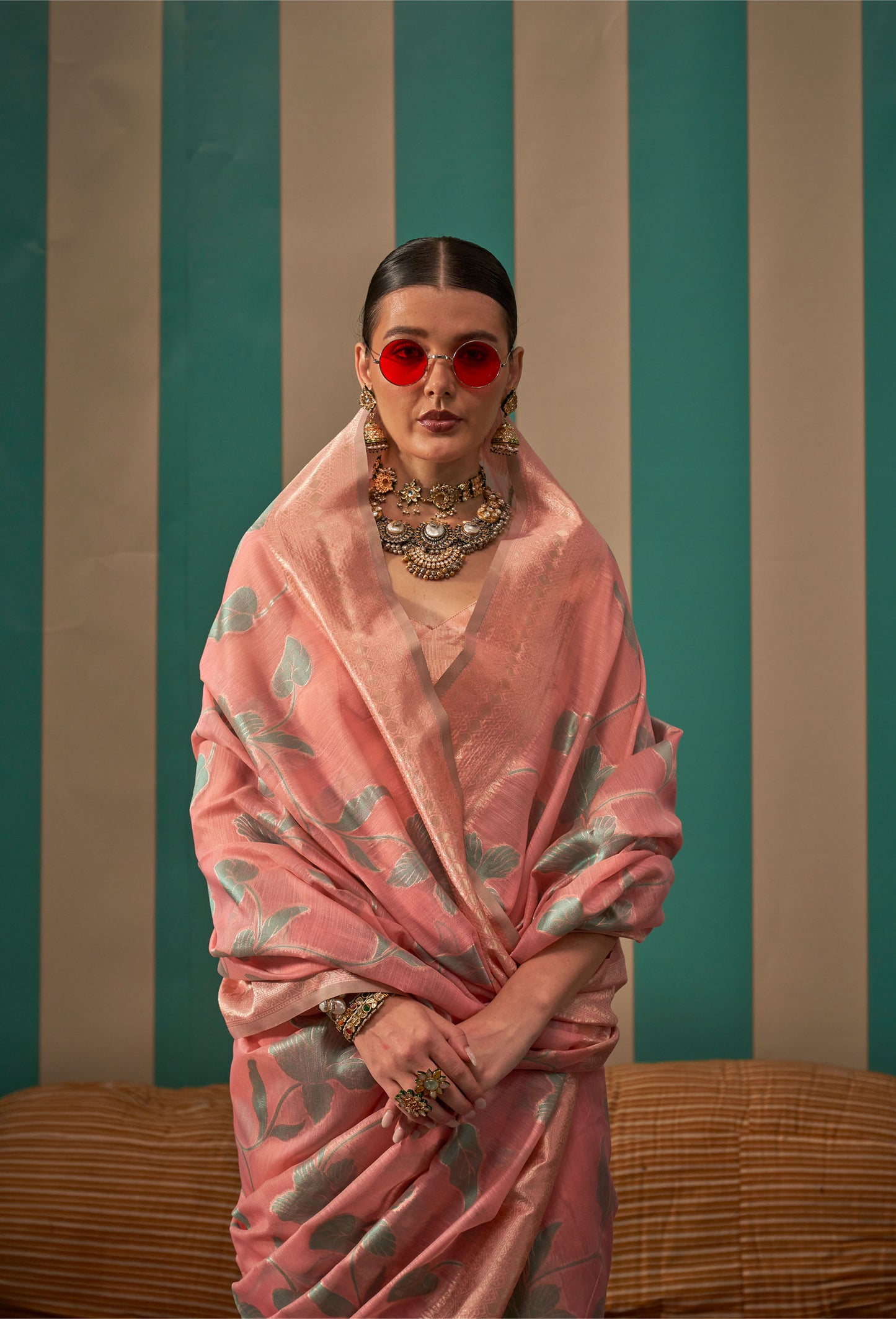 Light Coral Kapri Linen Handloom Silk Saree