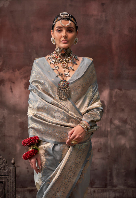 Silver Grey Kookal Rangkaat Handloom Silk Saree