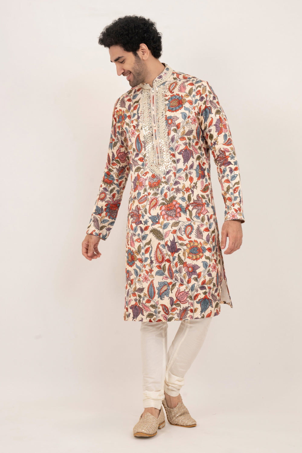 Multicolour resham embroidered satin lenin kurta set with kasab and mirror work