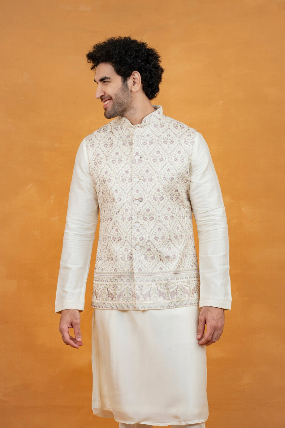 Cream silk koti set with pastel thread embroidery