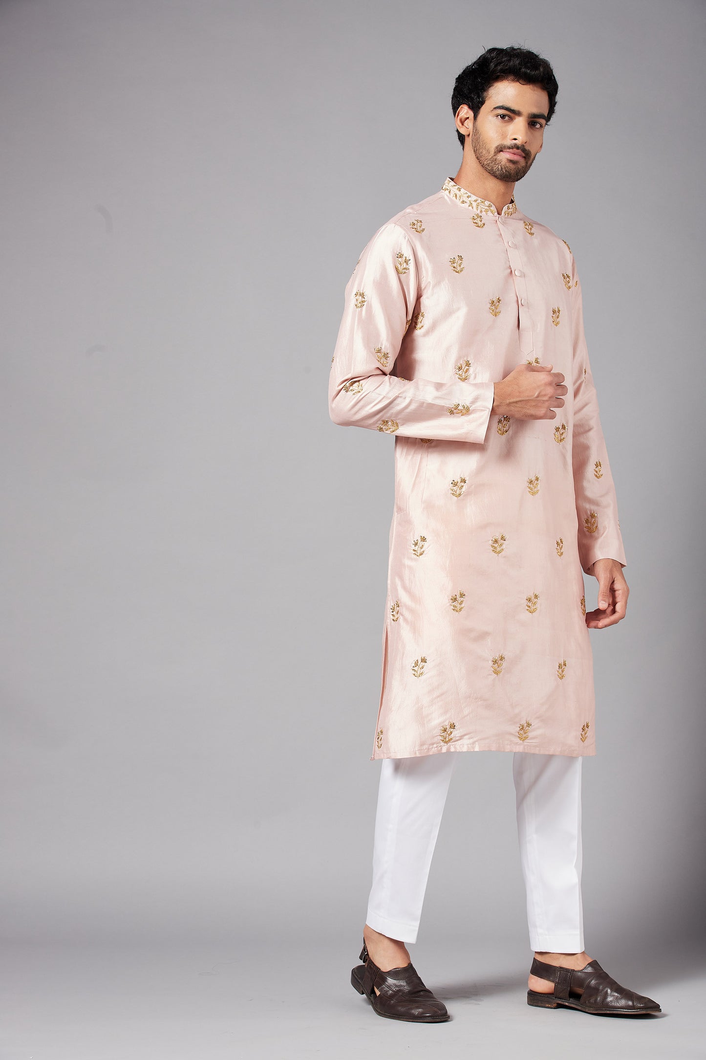 Peach Dupion Silk Hand Embroidered Casual ( only Kurta )