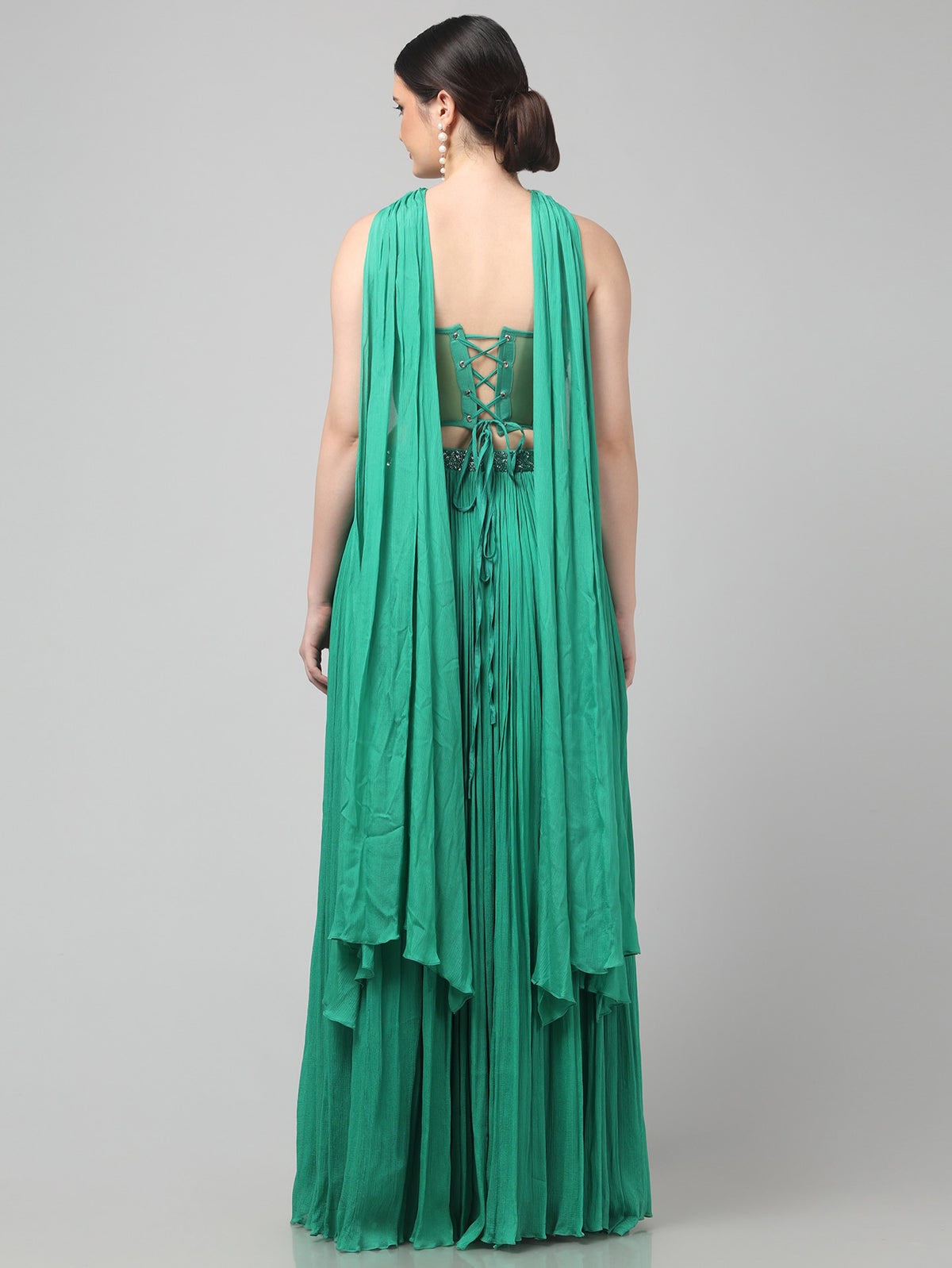 Emerald Green Corset Pure Chinnon Cutdana & Sequence Hand Work Party Wear pleated Skirt & Dupatta