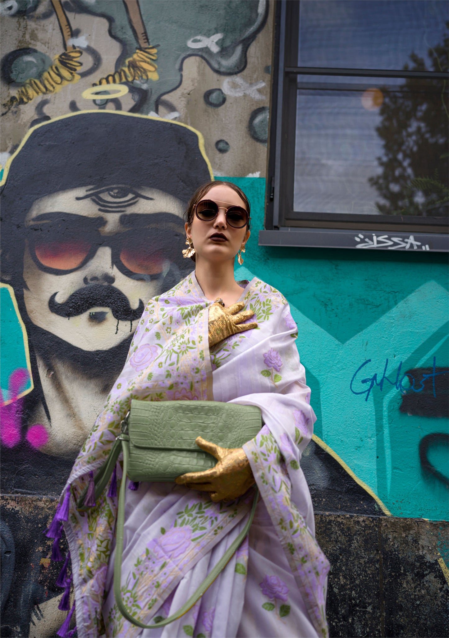 Lavender Krafitti Parsi weave handloom Silk Saree