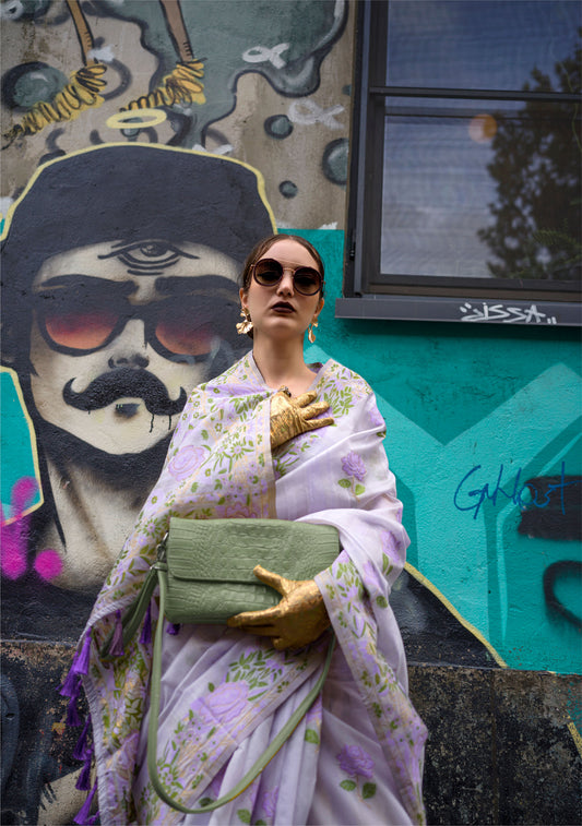 Lavender Krafitti Parsi weave handloom Silk Saree