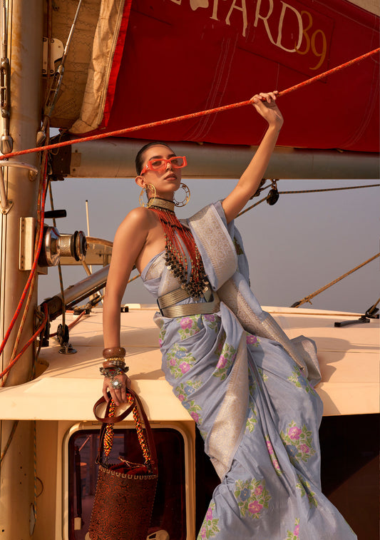 Light Blue Khibaa Silk Chinnon Nylon Handloom Saree