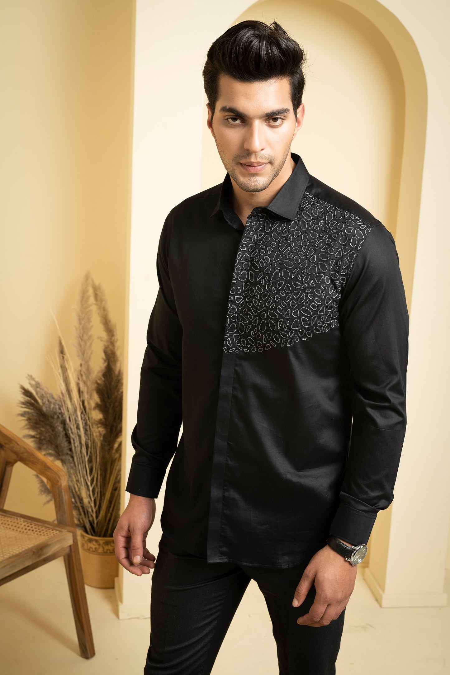 Black Giza Cotton Distorted Plain Shirt