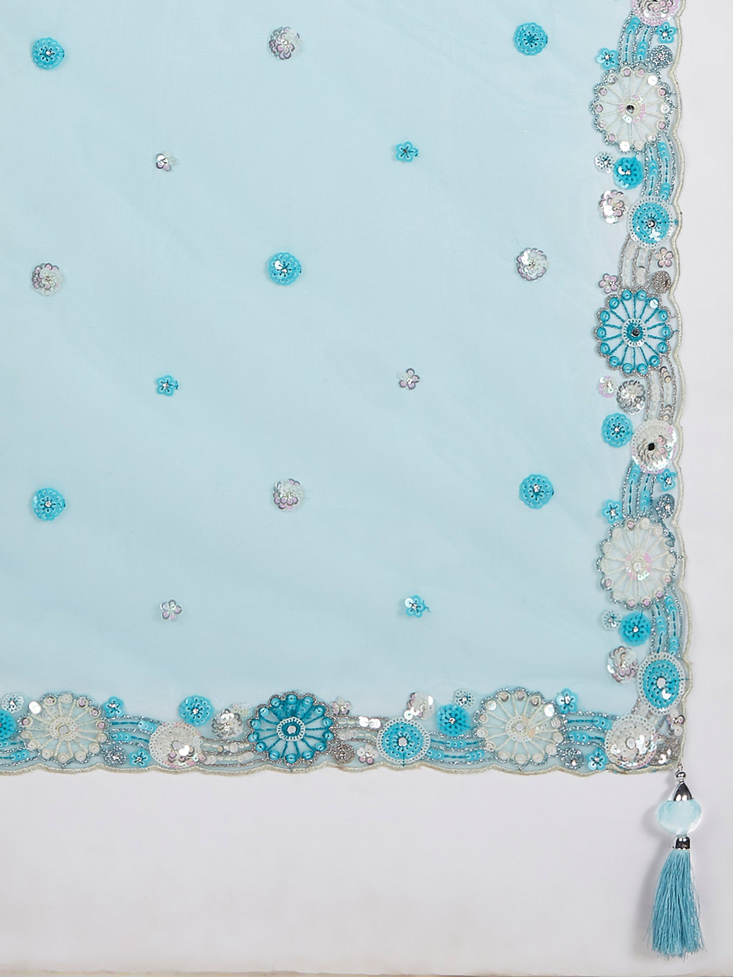 Sky blue Organza Sequins, Zarkan and thread embroidery Lehenga