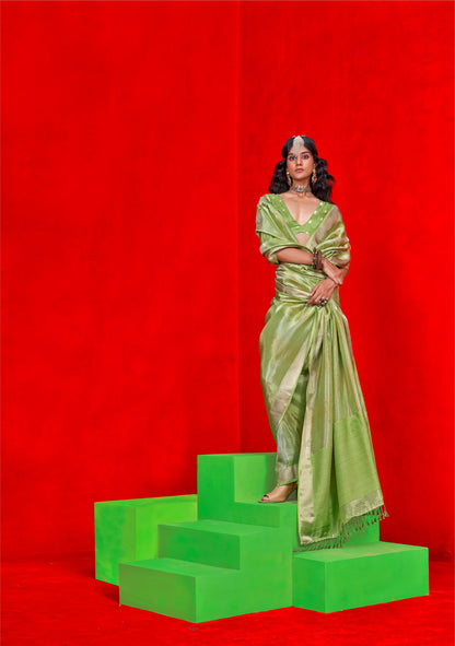Mint Green Kontigo Pure Viscose Zari Tissue Saree