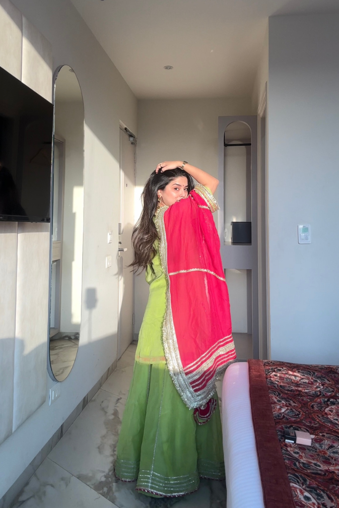 Khwahish Neon Green Organza Mirror Work Sharara Set