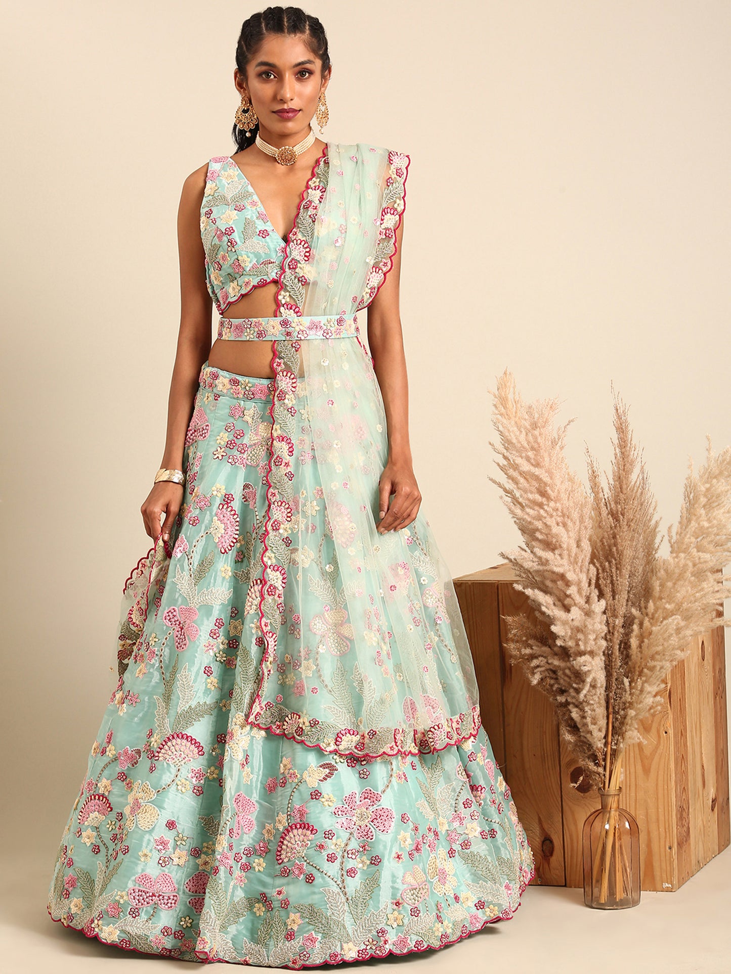 Turquoise Blue Organza Sequins and Zarkan embroidery Lehenga