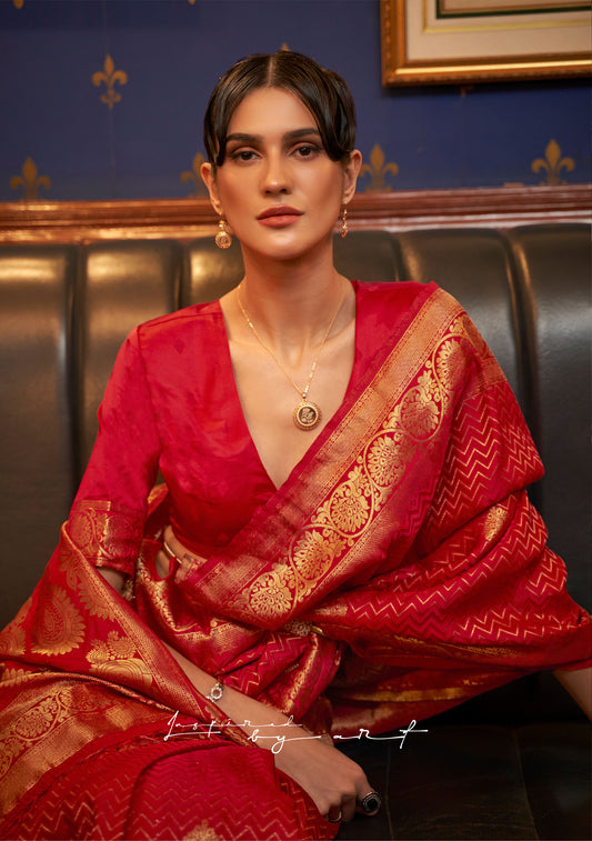 Red Kazel Satin Silk Woven Saree