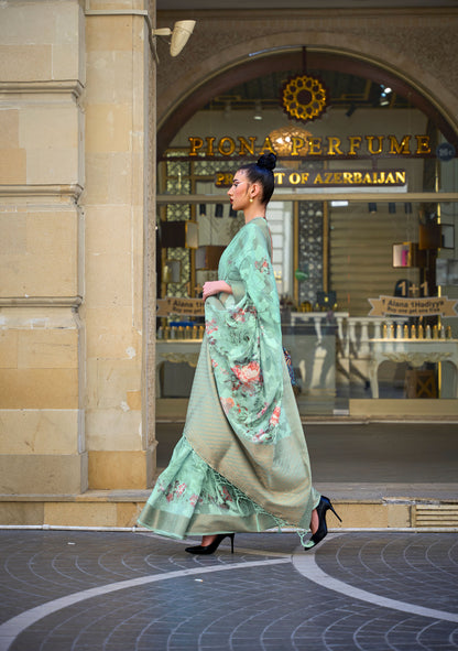 Light Green Floral Kinsel Printed Poly Handloom Saree