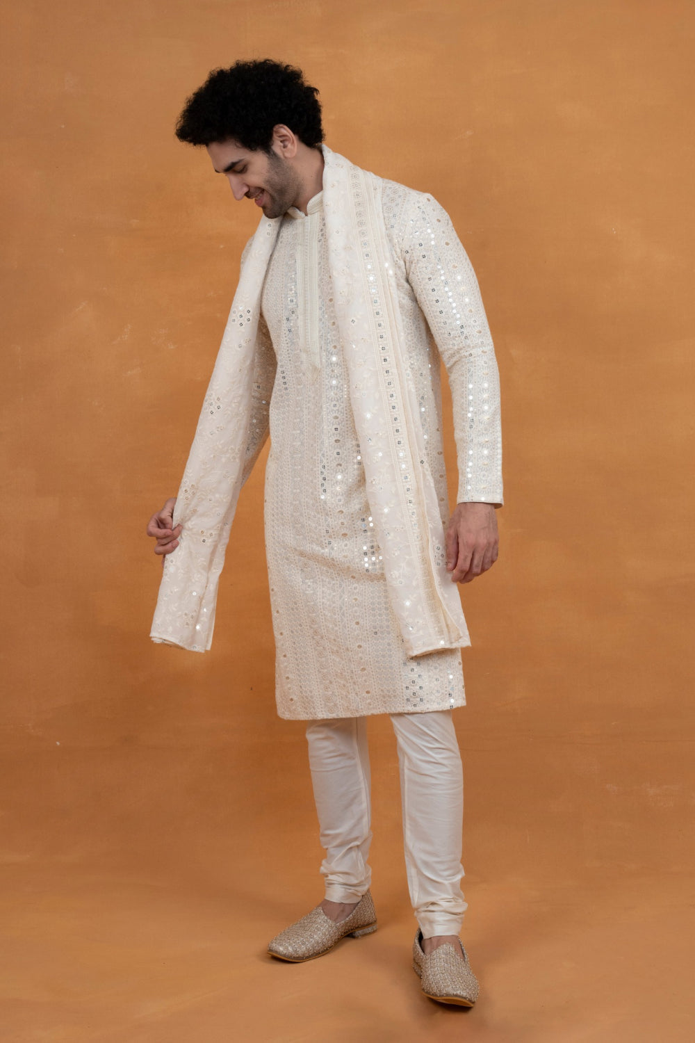 White silk lucknowi silk kurta set with mirror and sequins work