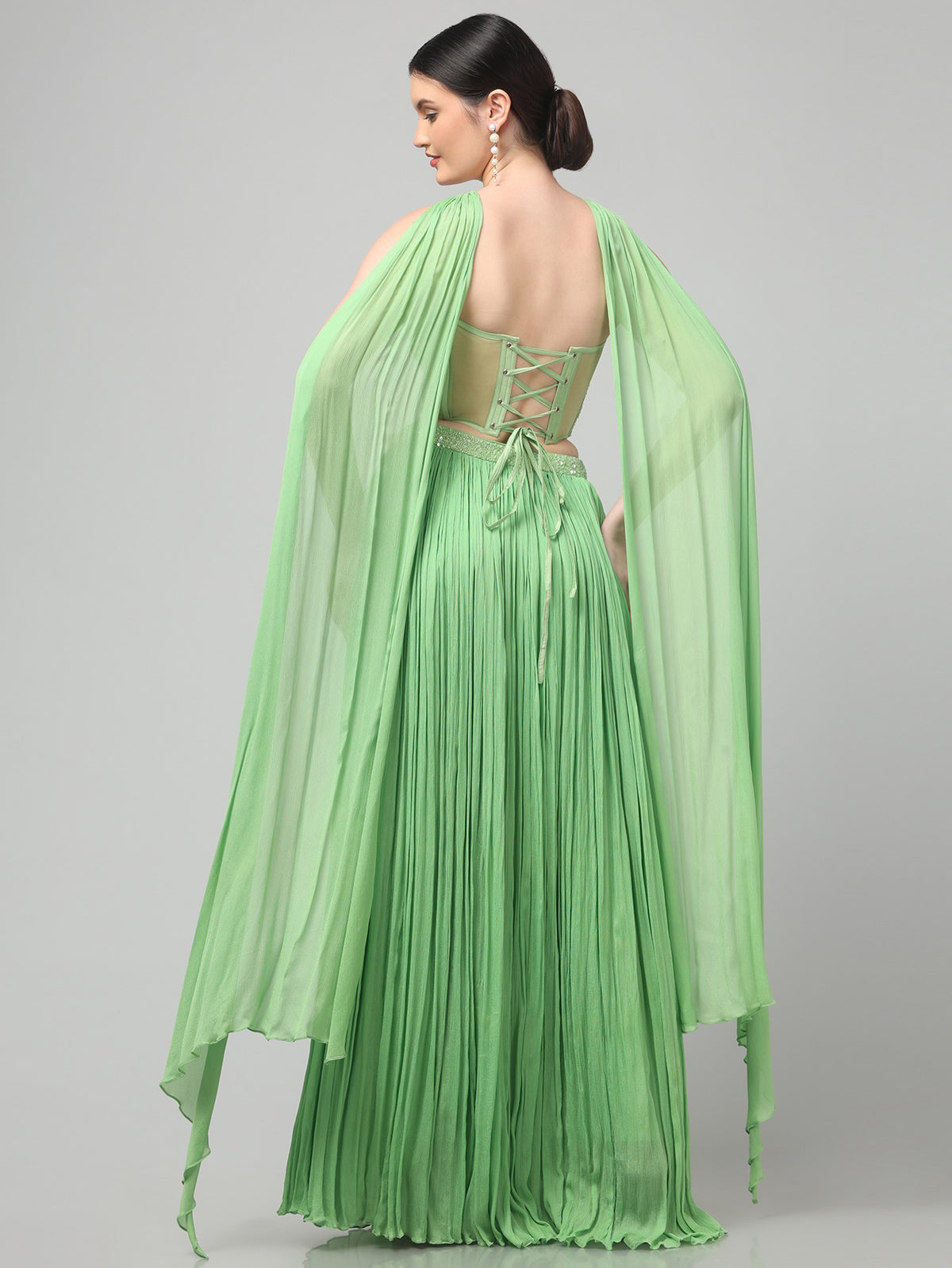 Tea-Green Corset Pure Chinnon Cutdana & Sequence Hand Work Party Wear pleated Skirt & Dupatta