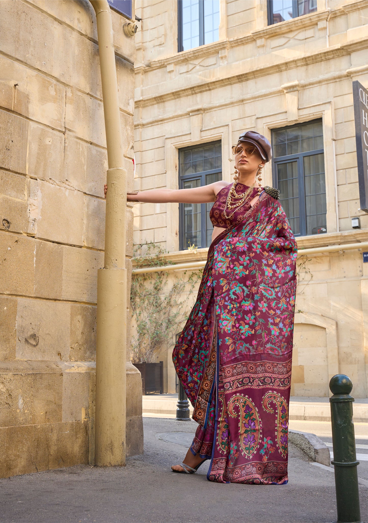 Burgundy Floral Kolombus Satin Georgette Printed Saree